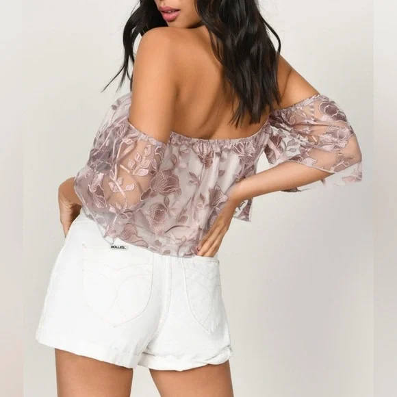 Tobi Floral Lace Off-Shoulder Rose Crop Top - Picture 2 of 6